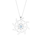 The Perfection of Life Pendant by Kaora Sandara Jewelry features a sterling silver circular design with radiating spokes, Pure Transparent Crystal Quartz beads, and a light blue chalcedony center on a delicate chain.