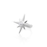 The Silver Ring Magic Star with Crystal Sphere - Size S by Kaora Sandara Jewelry features an eight-pointed starburst on a silver band, inspired by rock crystal to enhance intuition, shown against a white background.