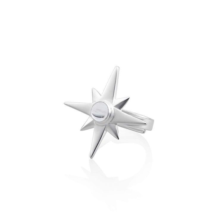 The Silver Ring Magic Star with Crystal Sphere - Size S by Kaora Sandara Jewelry features an eight-pointed starburst on a silver band, inspired by rock crystal to enhance intuition, shown against a white background.