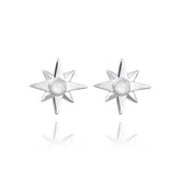 Kaora Sandara Jewelry's Silver Earstuds Magic Star with Crystal Sphere Gemstones feature eight-pointed stars and smooth crystal centers, shown on a white background with a gentle reflection beneath each earring.