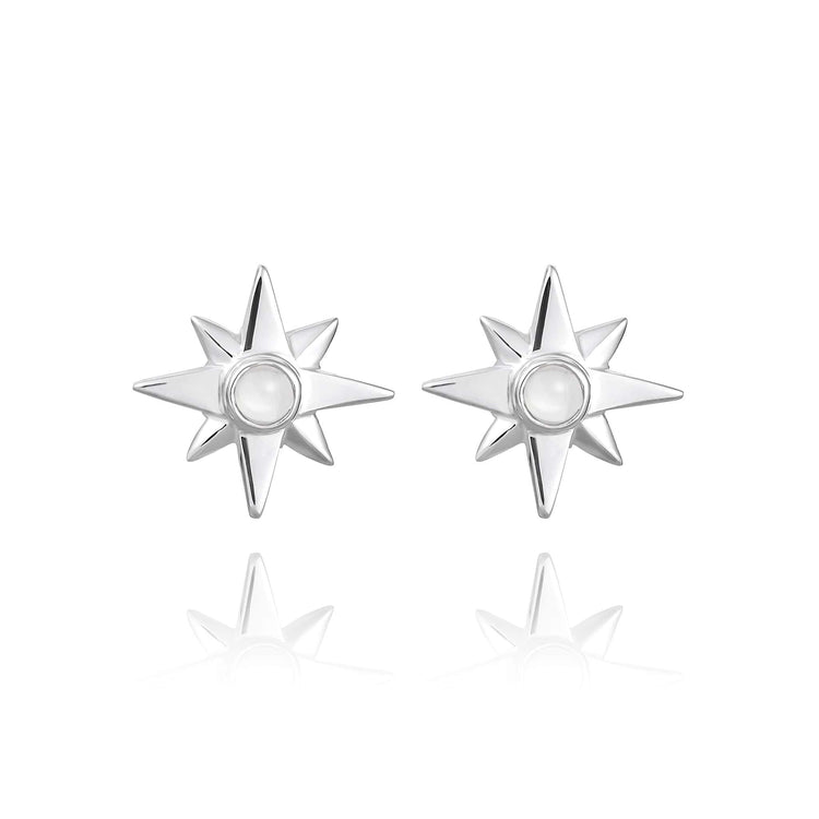 Kaora Sandara Jewelry's Silver Earstuds Magic Star with Crystal Sphere Gemstones feature eight-pointed stars and smooth crystal centers, shown on a white background with a gentle reflection beneath each earring.