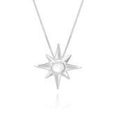 The Kaora Sandara Jewelry Silver Pendant Magic Star with Crystal Sphere - Size S features an eight-pointed star and smooth center, believed to enhance wish fulfillment, displayed on a white background.
