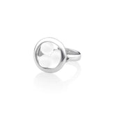 The Silver Ring Crystal Peace with Crystal - Size S by Kaora Sandara Jewelry features a circular bezel with three smooth white rock crystal spheres designed to harmonize your energy field, shown against a white background.
