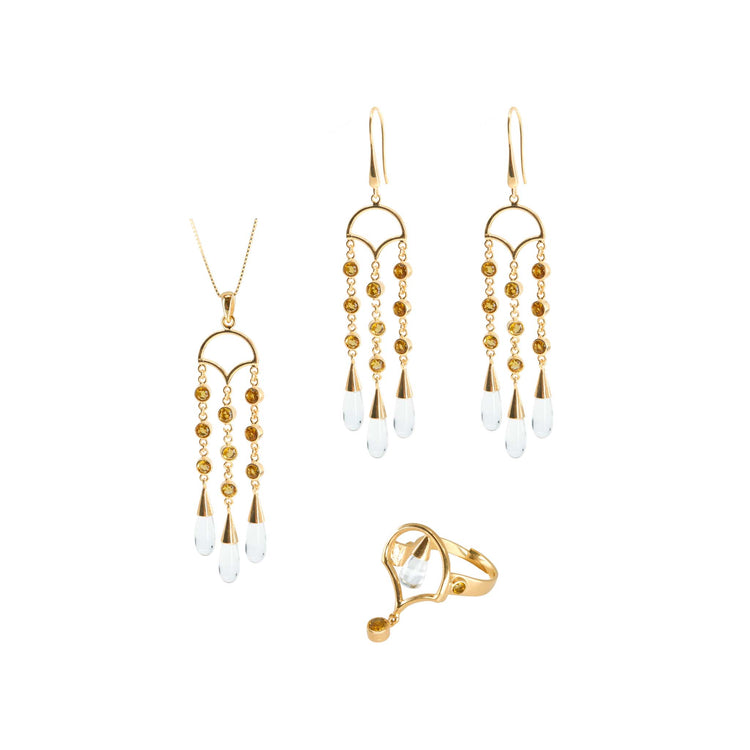 The Kaora Sandara Jewelry Abundance Flow Pendant set features a gold-plated sterling silver pendant with crystal and citrine, chandelier earrings, and a ring—perfect for inviting abundance. Shown on a clean white background.