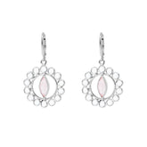 The Anima Earhooks by Kaora Sandara Jewelry are Sterling Silver 925 dangle earrings with intricate circular designs and central marquise-shaped Rose Quartz and Crystal accents.