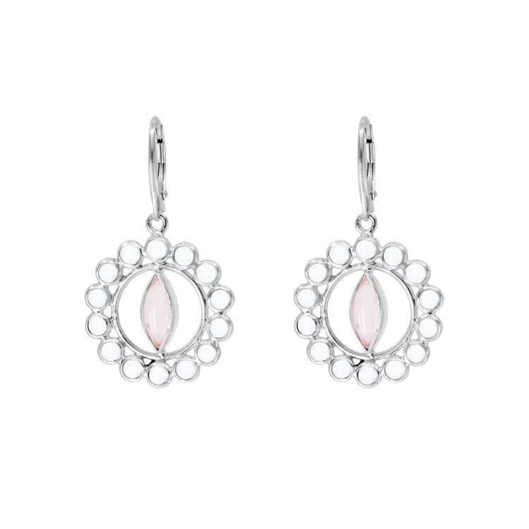 The Anima Earhooks by Kaora Sandara Jewelry are Sterling Silver 925 dangle earrings with intricate circular designs and central marquise-shaped Rose Quartz and Crystal accents.