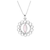 The Anima Pendant by Kaora Sandara Jewelry features a sterling silver openwork design set with crystal and a marquise-shaped rose quartz, symbolizing Inner Woman connection, and comes on a delicate chain.