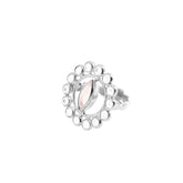 The Anima Ring by Kaora Sandara Jewelry features a circular Sterling Silver 925 design with crystal and marquise-cut Rose Quartz accents, highlighting feminine details. The product is displayed on a white background.