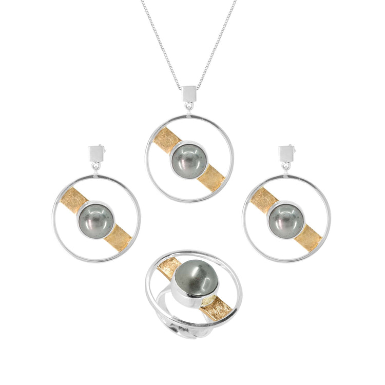 The Animus Ring by Kaora Sandara Jewelry features a sterling silver 925 setting, gold-plated details, and a central pyrite stone, showcased on a white background.