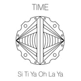 A geometric black and white mandala with triangles, circles, and curved lines evokes a sense of time. Above is "TIME," referencing the Silver Male Bracelet On Dark Grey String With Code Time by Kaora Sandara Jewelry. Below is "Si Ti Ya Oh La Ya.