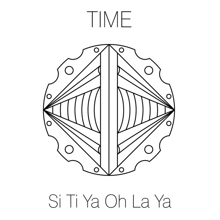 A geometric black and white mandala with triangles, circles, and curved lines evokes a sense of time. Above is "TIME," referencing the Silver Male Bracelet On Dark Grey String With Code Time by Kaora Sandara Jewelry. Below is "Si Ti Ya Oh La Ya.