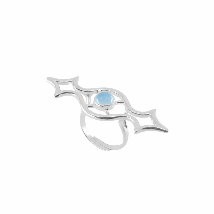 The Quantum Shift NEW Ring by Kaora Sandara Jewelry is a sterling silver 925 piece with an abstract geometric design, pointed ends, and a central round light blue chalcedony gemstone. The open band gives it a modern, artistic look. Size S.