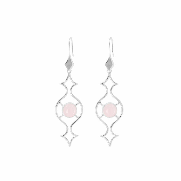 The Quantum Shift NEW Earhooks by Kaora Sandara Jewelry are sterling silver dangle earrings with an open geometric design, each featuring a round rose quartz stone at the center. Size L.