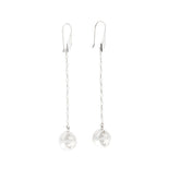 Kaora Sandara Jewelry's Magic Time Day Earhooks feature sterling silver 925 earhooks, delicate chains with small beads, and round, frosted crystal gemstone pendants, beautifully displayed on a white background.