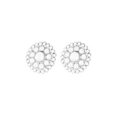 Discover the Purity Earclips – Size L by Kaora Sandara Jewelry: elegant round 925 Sterling Silver earrings featuring a central piece surrounded by two rows of crystal spheres for a floral-inspired look.