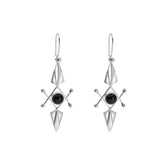 The Energy Protection Earhooks by Kaora Sandara Jewelry feature Sterling Silver 925 with central black agate stones, geometric diamond and crossbar designs, offering stylish energy protection.