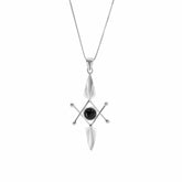 The Energy Protection Pendant by Kaora Sandara Jewelry features sterling silver with a black agate center, geometric lines, and silver leaf accents—designed for elegance and positive energy.