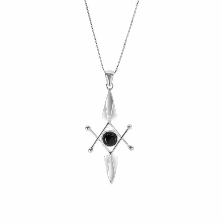 The Energy Protection Pendant by Kaora Sandara Jewelry features sterling silver with a black agate center, geometric lines, and silver leaf accents—designed for elegance and positive energy.