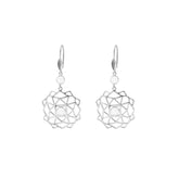 Kaora Sandara Jewelry’s Expansion Earhooks: Sterling Silver 925 dangle earrings with lattice-style floral designs and central crystal spheres, shown on a white background.