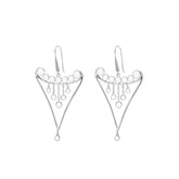 The Fifth Dimension Earhooks by Kaora Sandara Jewelry are sterling silver earrings featuring a triangular frame with crystal spheres and small dangling rings, shown on a white background.