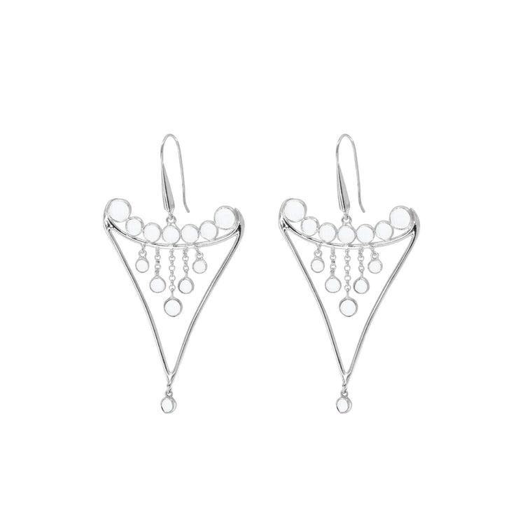 The Fifth Dimension Earhooks by Kaora Sandara Jewelry are sterling silver earrings featuring a triangular frame with crystal spheres and small dangling rings, shown on a white background.
