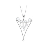 The Fifth Dimension Pendant by Kaora Sandara Jewelry features a sterling silver triangular frame with crystal spheres and dangling chains, blending modern geometric style and elegant detail on a fine chain.