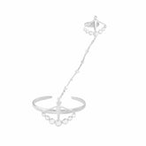 The Silver Hand Chain The Magician with Crystal Sphere Gemstones by Kaora Sandara Jewelry is a sterling silver 925 bracelet featuring a geometric design, connecting cuff and ring with a delicate chain for enhanced intuition and style.