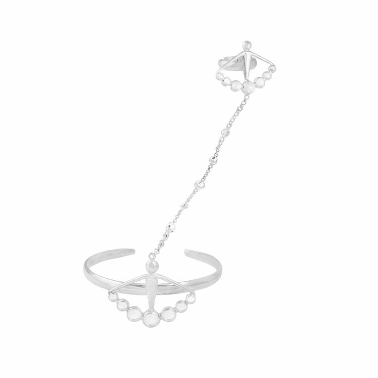 The Silver Hand Chain The Magician with Crystal Sphere Gemstones by Kaora Sandara Jewelry is a sterling silver 925 bracelet featuring a geometric design, connecting cuff and ring with a delicate chain for enhanced intuition and style.