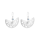 The Higher Self Earhooks by Kaora Sandara Jewelry feature sterling silver, fan-shaped dangles with open circles and a light blue chalcedony stone, designed to inspire intuition and spiritual connection.