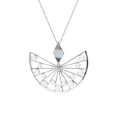The Higher Self Pendant by Kaora Sandara Jewelry features a geometric semicircle Sterling Silver design with crystal, light blue Chalcedony, radiating lines, diamond-shaped setting, and small round accents on a fine chain.