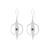The Intuition Earhooks by Kaora Sandara Jewelry feature pointed, diamond-shaped 925 Sterling Silver dangles with central amethyst stones and circular hoop accents, secured with easy-to-wear earhooks.