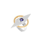 The Intuition Ring by Kaora Sandara Jewelry features a central round amethyst, accented by a horizontal silver marquise and encircled with gold-plating, crafted in 925 sterling silver.