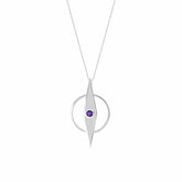The Intuition Pendant by Kaora Sandara Jewelry features a Sterling Silver 925 pointed oval intersecting a hoop, accented with an amethyst gemstone for intuition. A minimalist design suspended on a thin chain.
