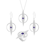 The Intuition Earhooks by Kaora Sandara Jewelry are Sterling Silver 925 earrings featuring pointed oval and circle designs, each accented with a central amethyst gemstone.