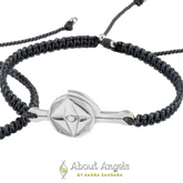 A silver male bracelet on a dark grey string with "Life Mission" code by Kaora Sandara Jewelry, shown on a white background above the "About Angels by Kaora Sandara" logo.