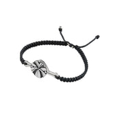 The Silver Male Bracelet On Black String With Code Abundance by Kaora Sandara Jewelry features a sterling silver 925 geometric charm with black and silver radial patterns, shown on a white background.