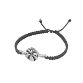 The Kaora Sandara Jewelry Silver Male Bracelet features a round sterling silver 925 “Abundance” charm with a geometric sunburst design on a dark grey, braided adjustable string.