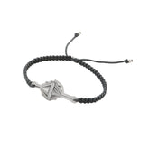 The Silver Male Bracelet On Dark Grey String With Code Time by Kaora Sandara Jewelry features a sterling silver 925 Viking axe centerpiece, adjustable sliding knots, and small metal tips on the cord ends.