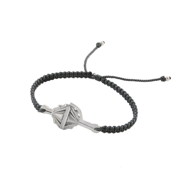 The Silver Male Bracelet On Dark Grey String With Code Time by Kaora Sandara Jewelry features a sterling silver 925 Viking axe centerpiece, adjustable sliding knots, and small metal tips on the cord ends.