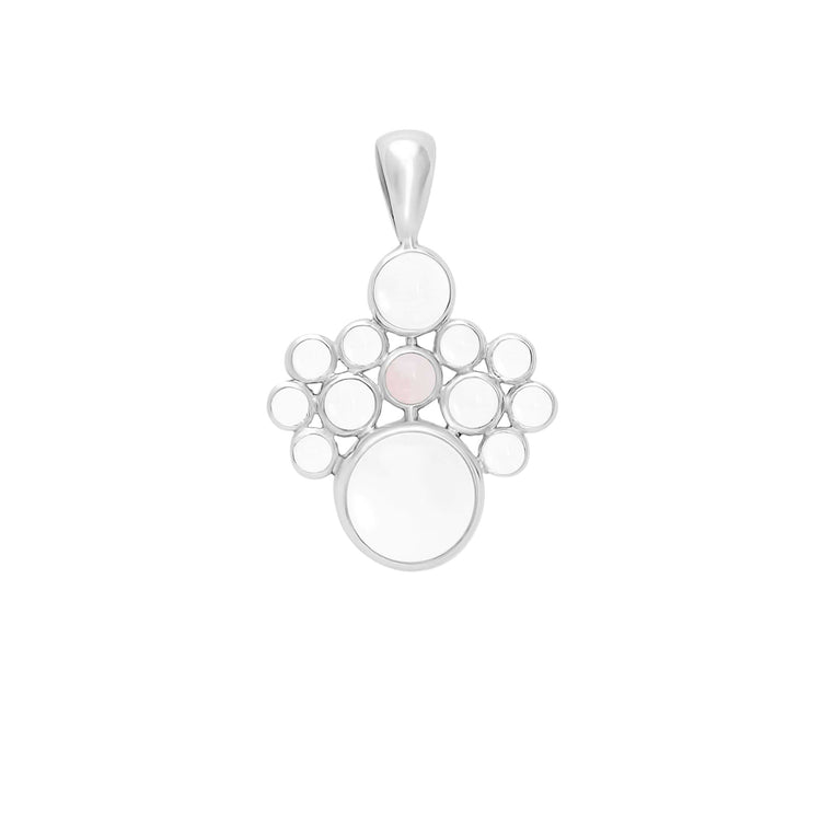 The Kaora Sandara Jewelry Silver Pendant Crystal Child Female features a modern, symmetrical 925 silver cluster with a rose quartz center, accented by smaller silver circles and a larger circle below.