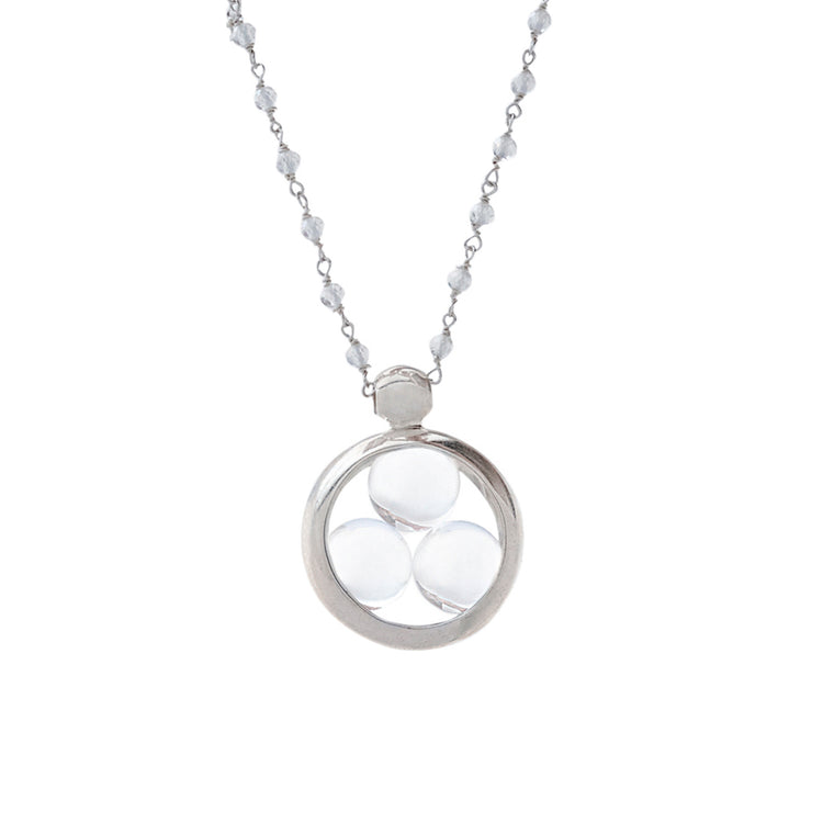 The Kaora Sandara Jewelry Silver Pendant Crystal Peace features three crystal sphere gemstones in a silver frame on a delicate silver-crystal chain, designed to harmonize your energy field. Size L.
