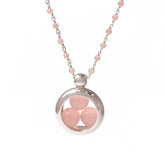 The Kaora Sandara Jewelry "Silver Pendant Crystal Peace" necklace features a circular sterling silver pendant with three rose quartz sphere gemstones and a silver-rose quartz beaded chain, size L.