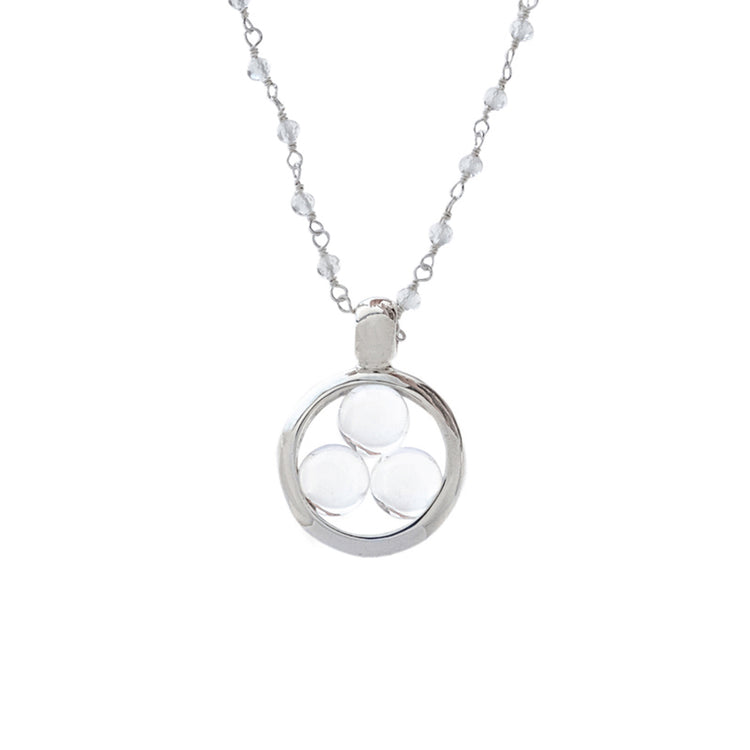 The Silver Pendant Crystal Peace by Kaora Sandara Jewelry features a silver-crystal chain and a circular pendant with three crystal sphere gemstones, symbolizing harmony within your energy field—Size S.