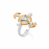 The Kaora Sandara Jewelry Resource Ring features Sterling Silver 925 with gold-plated accents, a central triangular crystal, and geometric square and round details.