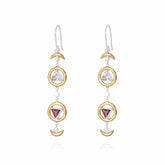 Kaora Sandara Jewelry’s Resource Earhooks feature gold-plated circles with transparent and red triangle crystals, crescent moon accents, and Garnet Sterling Silver 925 hooks for a stunning look.