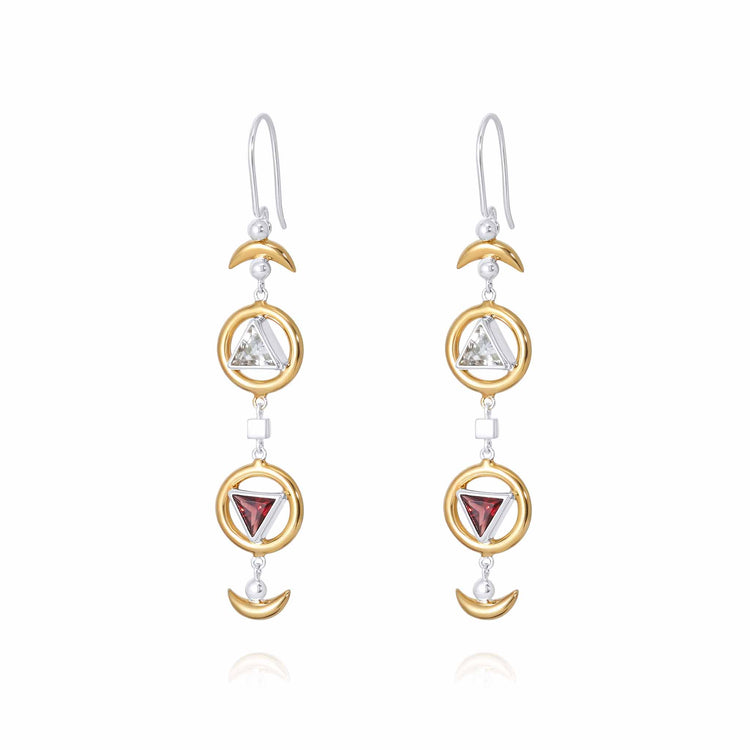 Kaora Sandara Jewelry’s Resource Earhooks feature gold-plated circles with transparent and red triangle crystals, crescent moon accents, and Garnet Sterling Silver 925 hooks for a stunning look.