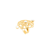 The Ring Expansion gold plated by Kaora Sandara Jewelry features an intricate geometric lattice design with three small round white gemstones, part of our exclusive Expansion series.