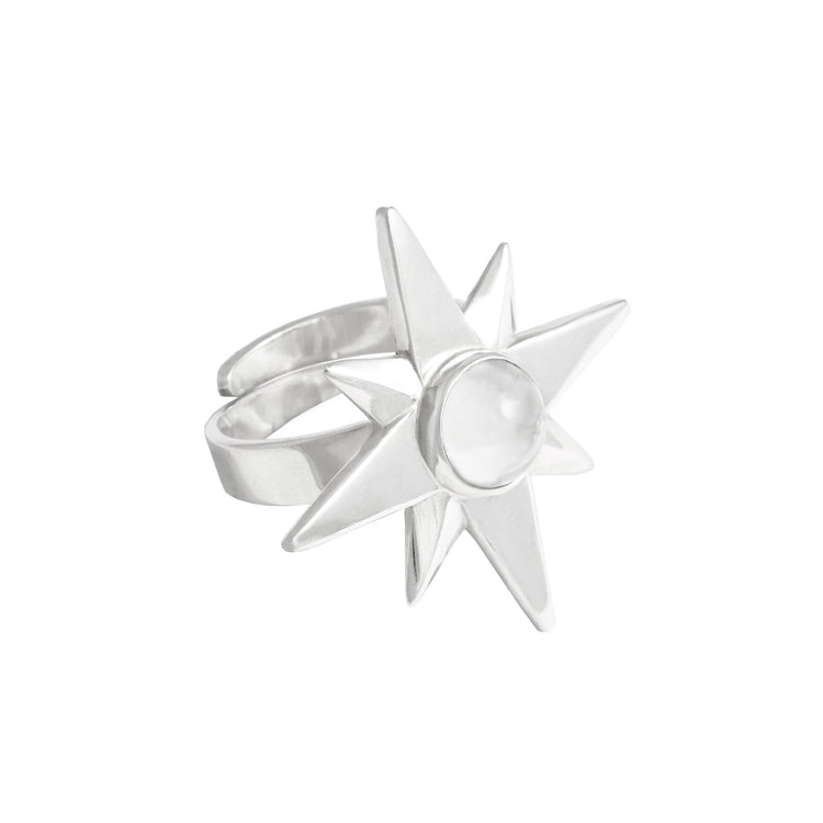 The Kaora Sandara Jewelry Silver Ring Magic Star with Crystal Sphere - Size M features a bold eight-pointed star and a central round rhinestone. Made from 925 sterling silver, the open-ended band is adjustable for a comfortable fit.