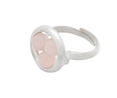The Silver Ring Crystal Peace with Rose Quartz - Size S by Kaora Sandara Jewelry features three round, pale pink Rose Quartz stones in a sterling silver 925 bezel, shown with the "About Angels by Kaora Sandara" logo on white.