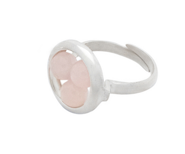 The Silver Ring Crystal Peace with Rose Quartz - Size S by Kaora Sandara Jewelry features three round, pale pink Rose Quartz stones in a sterling silver 925 bezel, shown with the "About Angels by Kaora Sandara" logo on white.